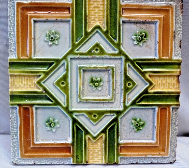 Tile Majolica Japan Vintage Embossed Geometric Design Porcelain Art Nouveau #274 2