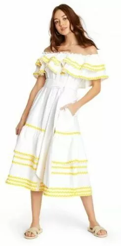 Lisa Marie Fernandez Ric Rac Off Shoulder Dress with Pockets White/Yellow Medium