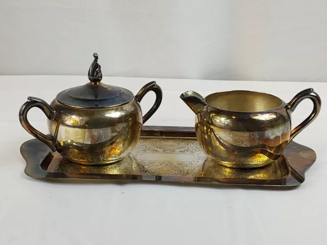 Vintage F B Rogers Silver Co Lidded Sugar Bowl and Creamer On Tray Kitchen Home