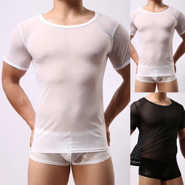 T-shirt sexy rete fishnet da uomo maniche corte abbigliamento da club top muscol