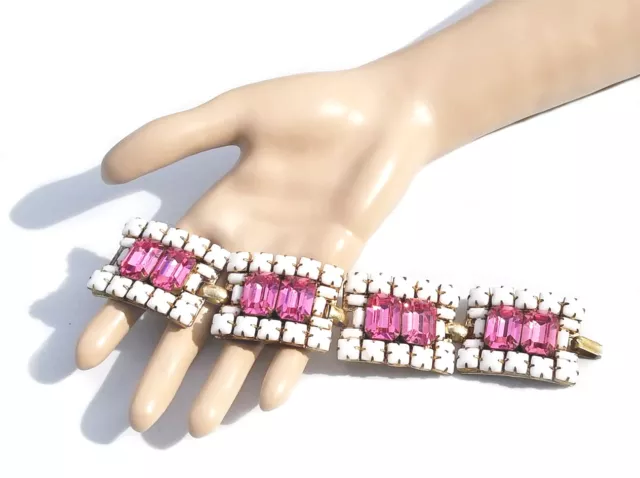 IRIS G Huge Goldtone Pink Austrian Crystal & Milk Glass Runway Bracelet - OOAK