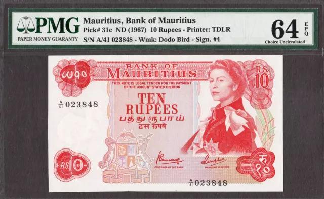 Mauritius 10 Rupees ND (1967) Pick-31c CH UNC PMG 64 EPQ