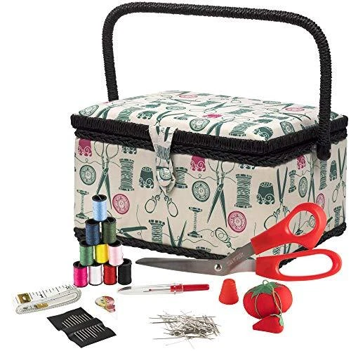 07271 Basket with Sewing Notions Kit & Removable Tray-Vintage Spools, Tan