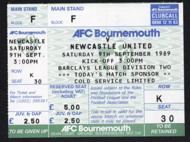 Football Ticket stub AFC Bournemouth v Newcastle United 1989 both parts