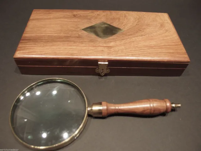 4" 5x Antique Style Magnifying Glass Brass w Wood Turned Hand Lens Desktop Box