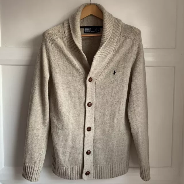 Cardigan Polo Ralph Lauren scialle collo da uomo grande farina d'avena beige lana d'agnello grosso