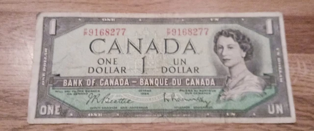1954 Canadian 1 Dollar Note In Circulated Condition