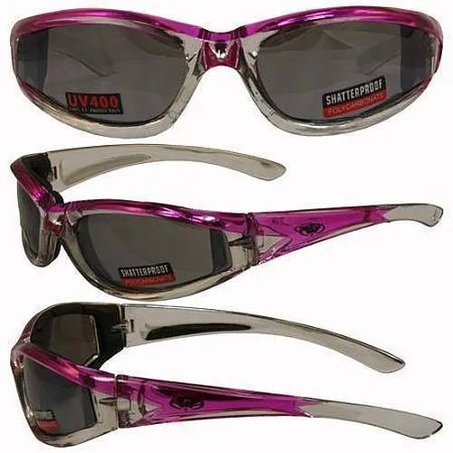 Womens Foam Padded Motorcycle Riding Sun Glasses-PINK CHROME-Flash Mirror Lenses