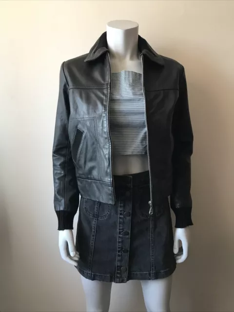 90’s Vintage NEW LOOK Black Bomber Real Leather Jacket With Ribbed Cuffs Size 10