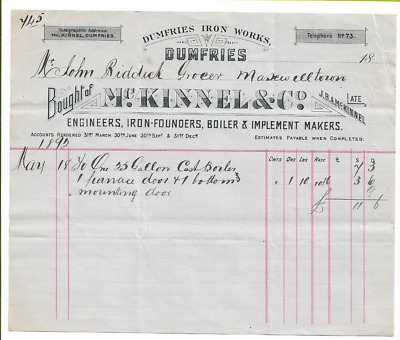 1892 Mc Kinnel & co, Dumfries iron works invoice, Billhead receipt