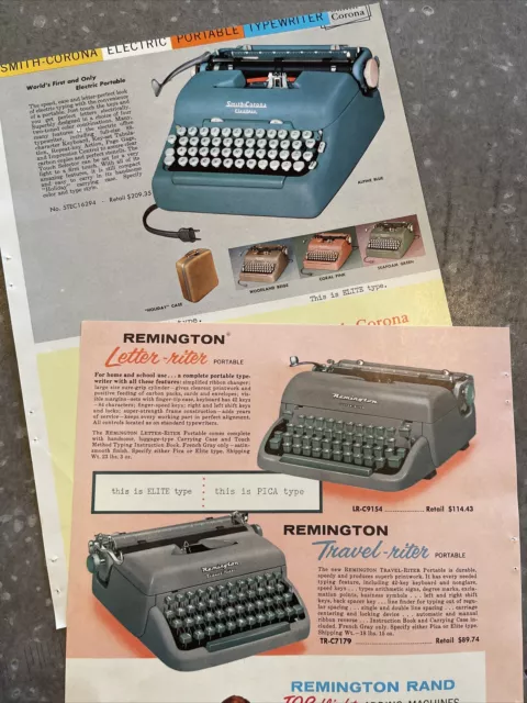 Retro Typewriter Vintage 1959 Ad Catalog Page Remington Smith Corona Portable x2