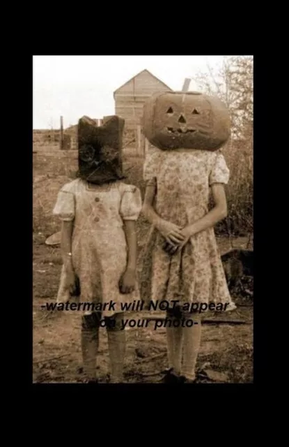 Vintage Creepy Children Halloween PHOTO Pumpkin Head Owl Costume Freak Scary Kid