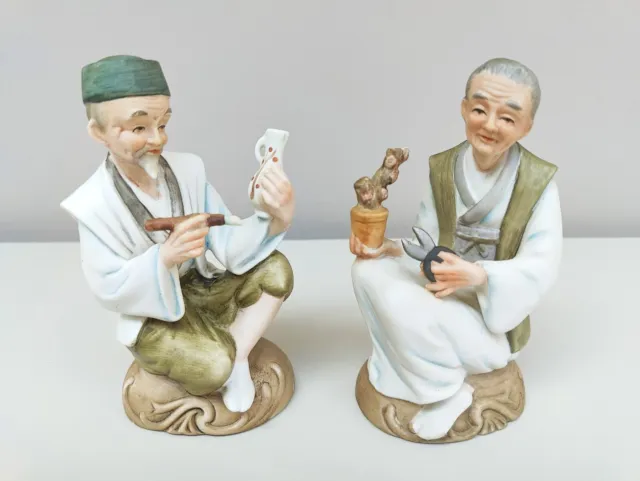Japanese Figurines Old Man Woman X2 Hand Painted Marked Foreign Vintage