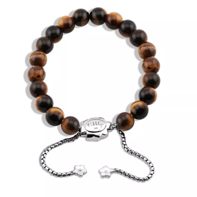 Women's 8mm Natural Tiger's Eye Bead Bracelet Adjustable size Sterling 925