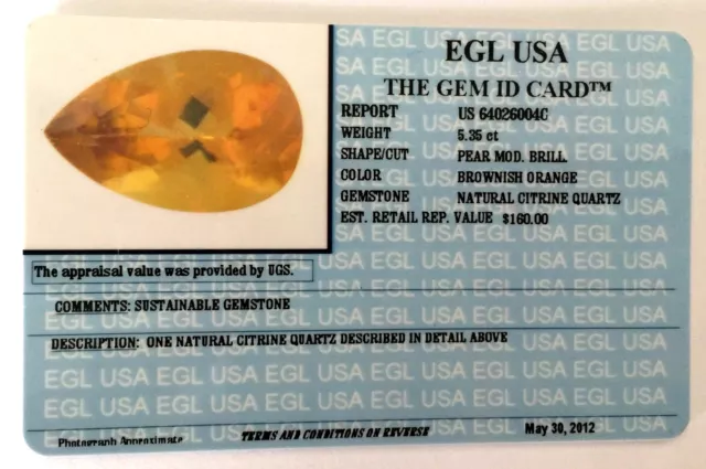 Egl Usa Certifié Et Évalué 5,35 Ct Poire Quartz Citrine Naturel Valeur 160 $