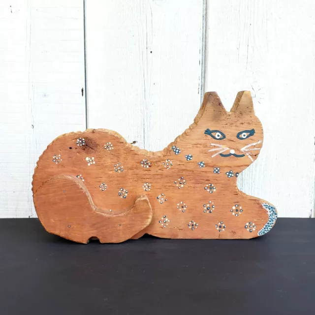 Vintage Large Wooden Carved Hand Painted Folk Art Cat Doorstop