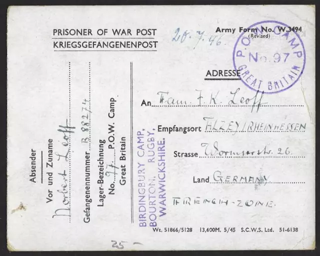 Uk Gb Germany 1946 Prisoner Of War Card Pow Camp Great Britain Birdingbury Camp