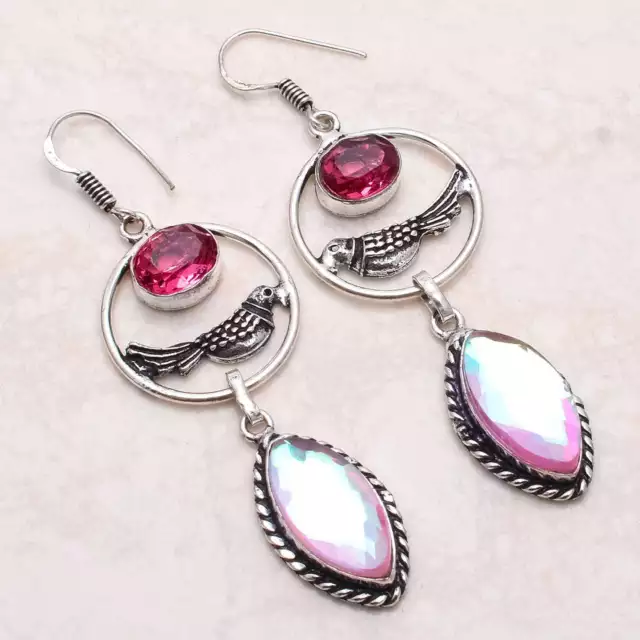 Arc-en-Ciel Feu Topaze Rose Main Goutte Pendantes Earrings Jewelry 2.4 " AE-7758