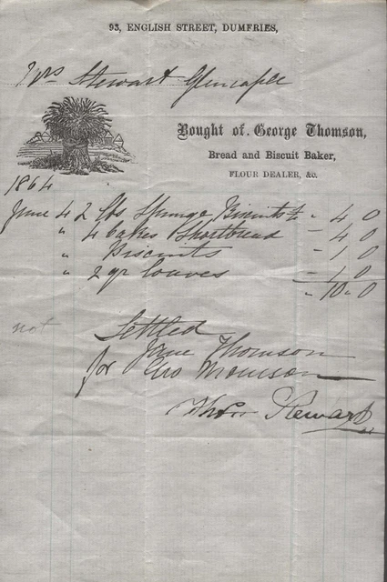 1864 DUMFRIES, GEO THOMPSON, BAKER, 93 ENGLISH ST ILLUSTd BILLHEAD, WHEATSHEAF
