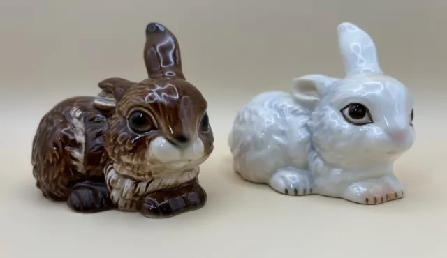 Pair of Goebel 3.5” Bunny Rabbit Figurines - Brown & White - W Germany #34814-06