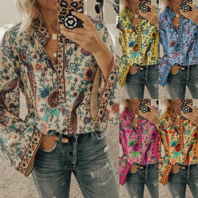 Spring summer new ladies peacock print loose shirt button up long sleeve shirt