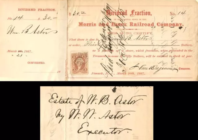 Morris and Essex Railroad Co. signed by Wm. Waldorf Astor - Autographed Stocks &