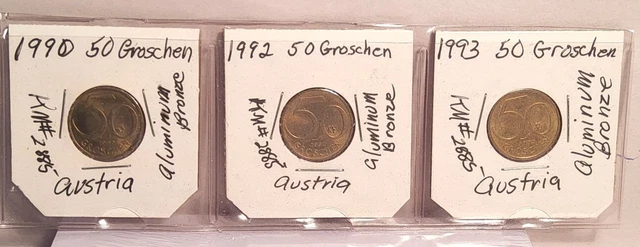3 Austria Coins, 50 Groschen, 1990 to 1993. KM#-2885. 14-15