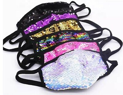 Sequin Flip Glitter Face Mask Reusable Sparkly Bling Black Fabric Mouth Cover