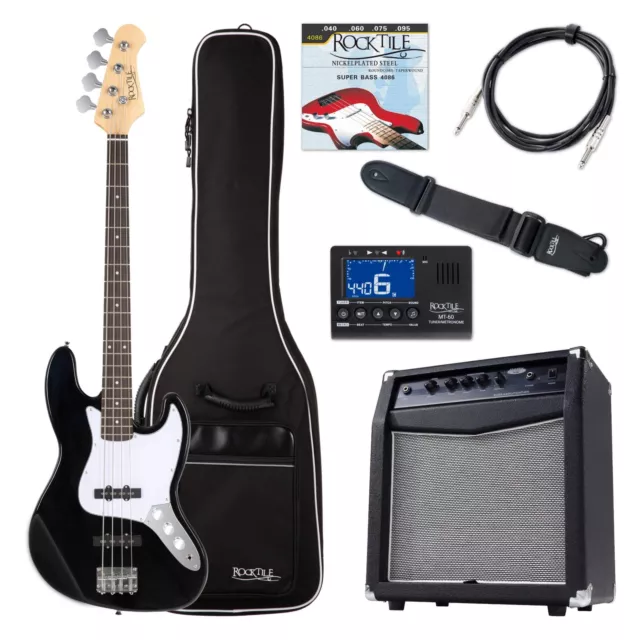 Set Basso Elettrico Jazz Bass con Amplificatore Cavo Custodia Accordatore Nero