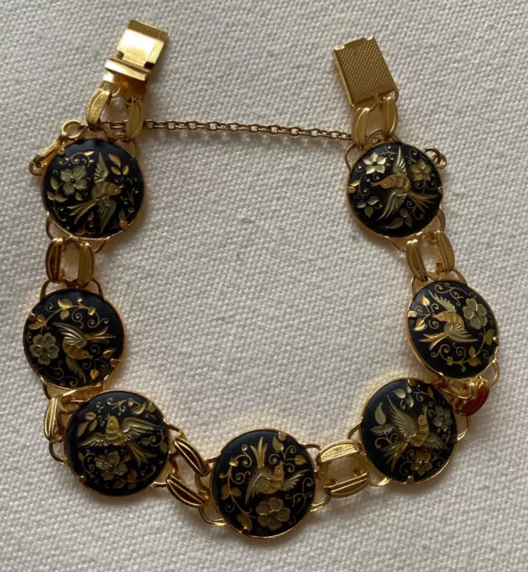 Vintage Spanish Damascene 22cm bird/flower linked bracelet with safety chain