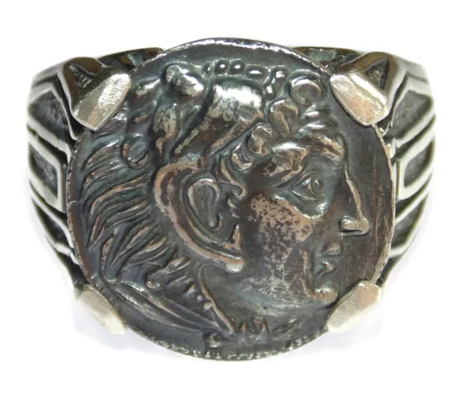 Sterling Silver Signet Ring Mens Emperor Greek God Ancient Coin Alexander Great