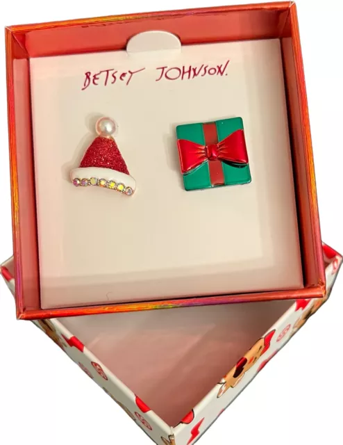 New Betsey Johnson Holiday Christmas Hat / Gift Box Stud Earrings