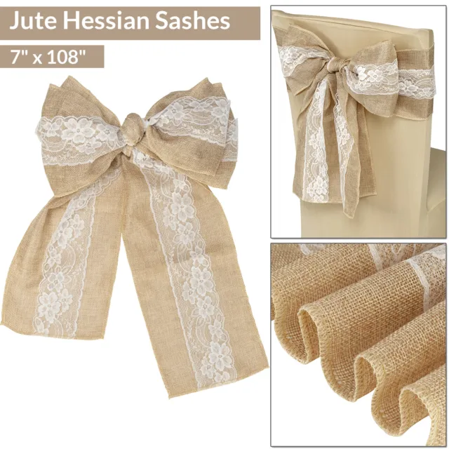Hessian Sash Burlap Chair sash with Lace Stitched Edge Bows Wedding Party Decor