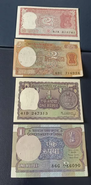 Uncirculated Indian authentic old 2 and 1 Rupee 2+2 varieties 4 notes lot CRISPY