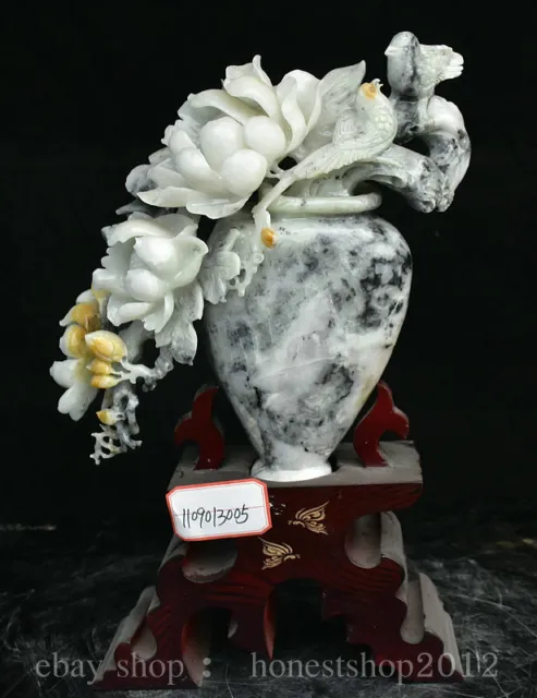 16.6" China Natürliche Xiu Jade Schnitzen Lotus Blume Vogel Vase Basis Skulptur