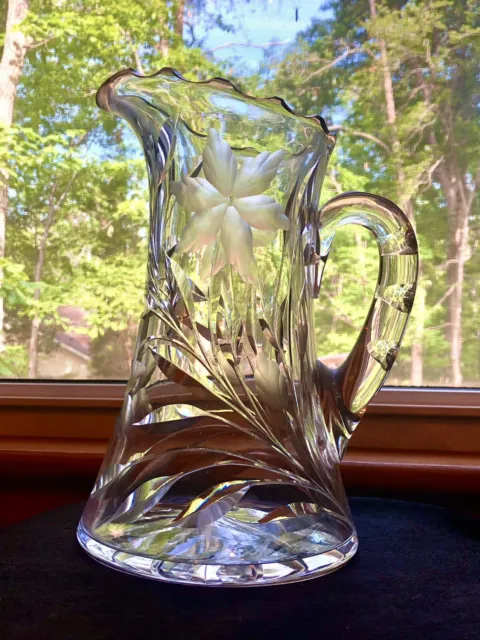 Pairpoint ? Glass 10.25” Tankard Pitcher Engraved Floral APB Cosmos Handle Cut