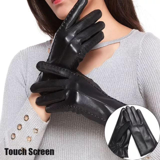 Women Ladies Gloves Winter Warm PU Leather Fleece Click Touch Screen Windproof