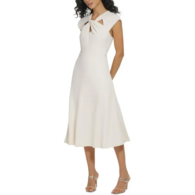 DKNY Womens White Twist-Neck Midi Crepe Fit & Flare Dress 14 BHFO 4542