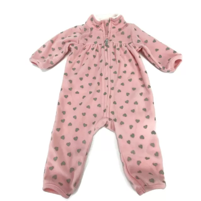 Carter's Infant Girl Pink Fleece Jumpsuit Romper Silver Hearts Size 3M