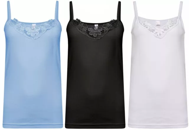 Blue Black White 3 Ladies Plain Stretch Cotton Vest Lace Trim Camisole Tank Top