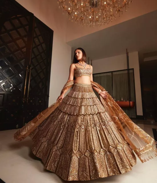 Golden Indian Wedding Pakistani Designer Bridal Lehenga Party Lehnga Choli new