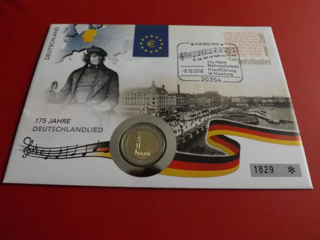 *Numisbrief BRD 2016 *175 Jahre Deutschlandlied*mit 2 Euro 2008 Hamburg(ALB20)