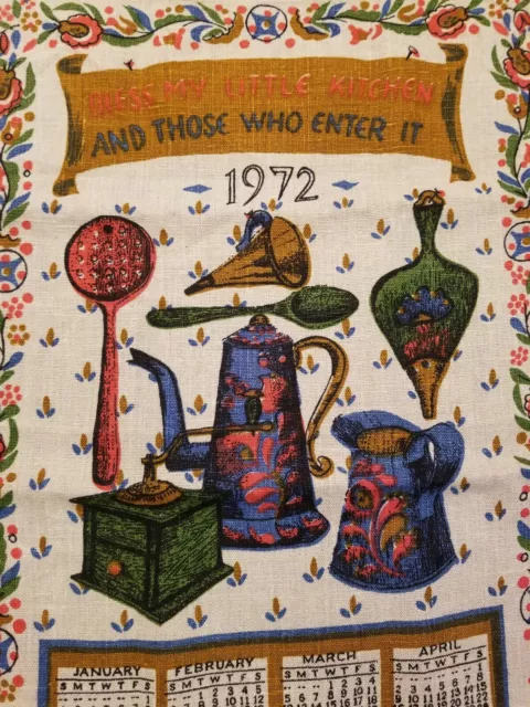 1972 Linen Ecru Calendar Tea Towel BLESS MY LITTLE KITCHEN Shabby Chic Country