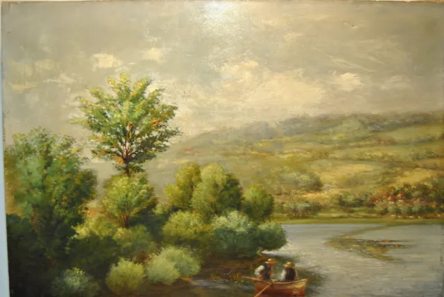 Painting Antique 1908 Landscape Countryside Edge River Barque Pècheur