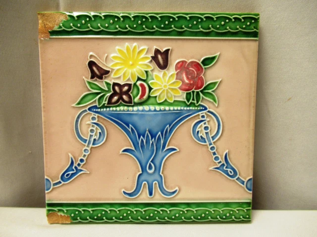 Antique Tile Majolica Art Nouveau Japan Liberty Brand Flower Vase Strips Pet"709