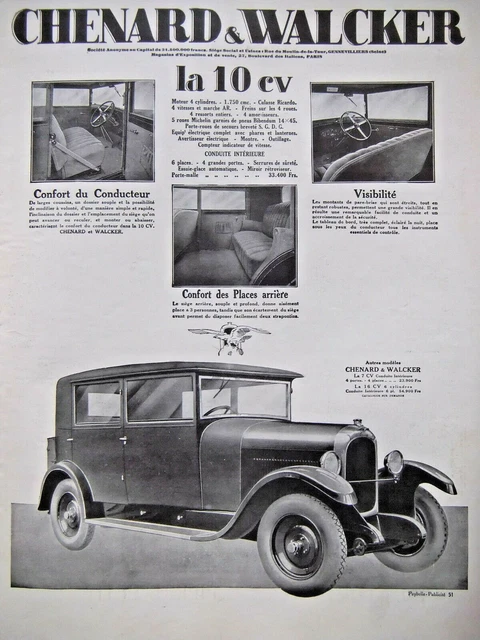 Publicité 1928 Chenard & Walcker La 10 Cv Confort Du Conducteur Places Arrière