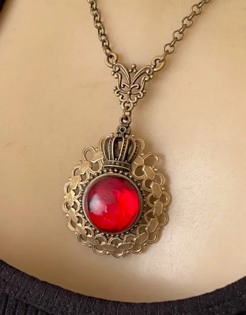 Victorian Revival Necklace Brass Filigree Pendant W/ Antique Red Glass Cabochon