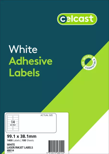 CELCAST INKJET / LASER LABELS 199.1X38.1MM 100 PER PACK 14UP (Avery L7163) 48014