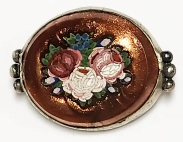 Antique Goldstone PIETRA DURA BROOCH Micro Mosaic Rose Inlay Brooch ITALY 1.5"