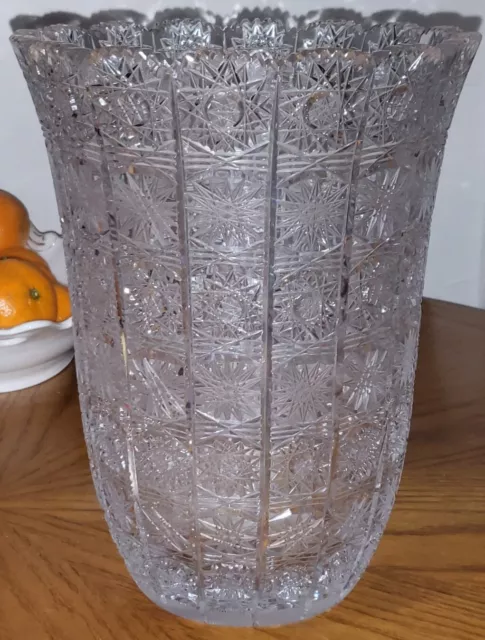 Antique Czech Bohemian Hand-cut Crystal Vase Queens Lace Pattern GORGEOUS  10"